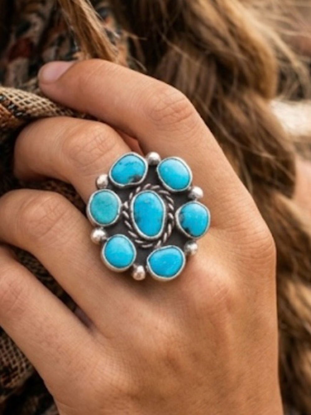 Vintage signed Zuni large Turquoise and sterling silver cluster ring